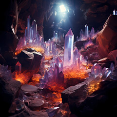 Crystal caves with glowing gemstones. 