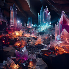 Crystal caves with glowing gemstones. 