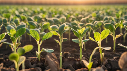 Close-up tender first sprouts of soybean in the open field. Agricultural plants. The soybean plant stretches towards the sun.
