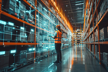 Futuristic Technology Retail Warehouse: Worker Doing Inventory Walks when Digitalization Process Analyzes Goods, Delivery Infographics in Logistics, Distribution Center. - obrazy, fototapety, plakaty