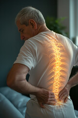 Man Massaging and Stretching the Back. VFX Back Pain Augmented Reality Animation. Close Up of a Senior Male Experiencing Discomfort in a Result of Spine Trauma or Arthritis.