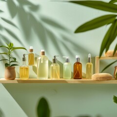 A shelf with many bottles of different sizes and shapes