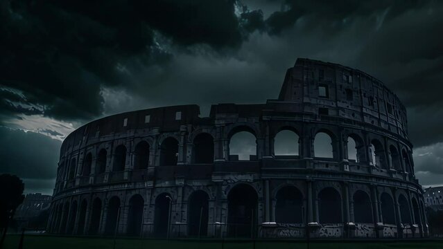 Video animation of majestic Colosseum in Rome during nighttime. The ancient amphitheater stands against a backdrop of a dark, cloudy sky, conveying a sense of historical grandeur and timeless beauty
