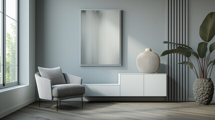 A white room with a chair and a vase