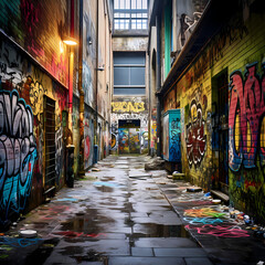 Deserted alley with graffiti-covered walls.