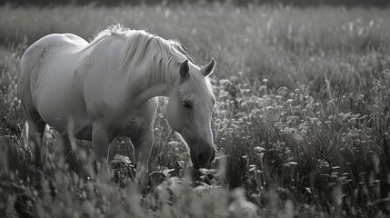 White horse in tall grass field