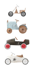 Collection of vintage children's cars. Watercolor illustration. Toy retro cars. Can be used for kid posters or cards.