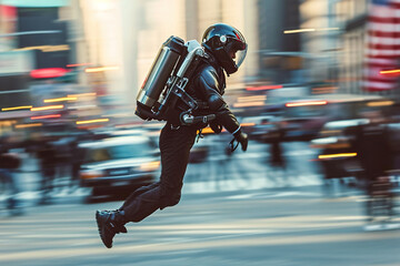 Man fly with Jetpack flight over busy city street: Portable device with jet propulsion for vertical takeoff.
