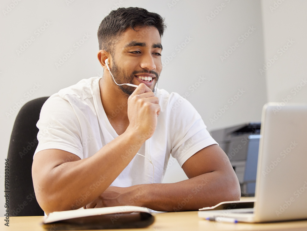Poster online, class and man in video call for college with headphones to talk with microphone in home. hap