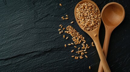 Top down view of a wooden spoon with wheat grains on a black surface - Powered by Adobe