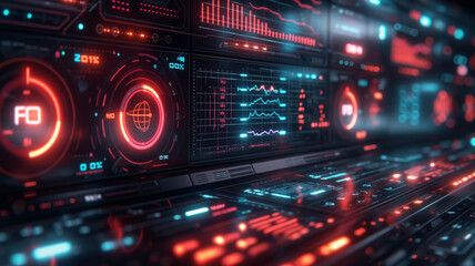 Fototapeta premium A computer monitor with a red and blue screen displaying a lot of numbers