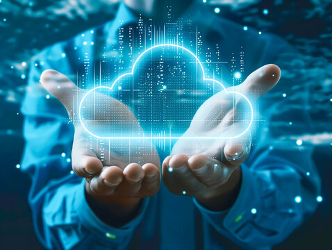 Two hands holding holographic display presenting futuristic cloud computing, concept of innovation and technology.