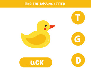 Find missing letter with cartoon yellow rubber duck. Spelling worksheet.