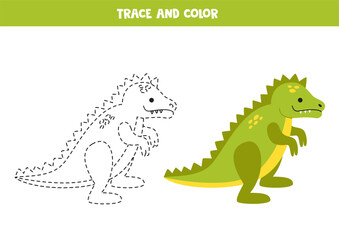 Trace and color green dinosaur. Printable worksheet for children.