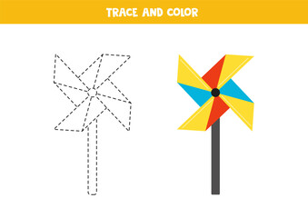 Trace and color cartoon pinwheel. Printable worksheet for children.