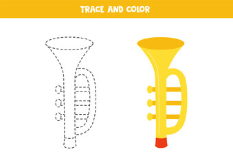 Trace and color cartoon yellow toy flute. Printable worksheet for children.