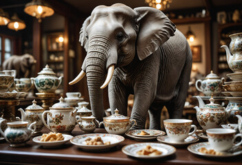 Elephant in the porcelain store. Generative AI - obrazy, fototapety, plakaty