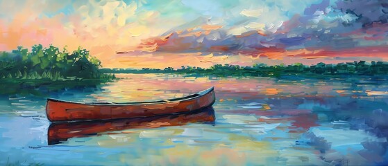 Depict the picturesque side view of kayaking in a serene setting Highlight the elegant canoe gliding on glassy waters, reflecting the vibrant sky above. - obrazy, fototapety, plakaty