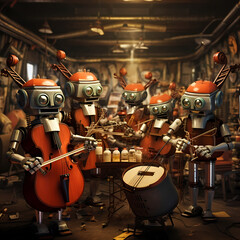 Robot orchestra playing instruments in harmony.
