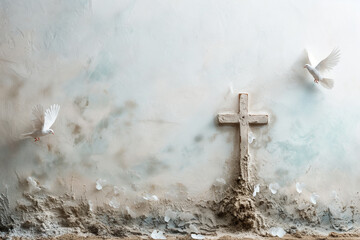 A cross is on a wall with two white birds flying in the background