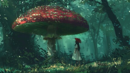 Anime girl explores magical mushroom forest