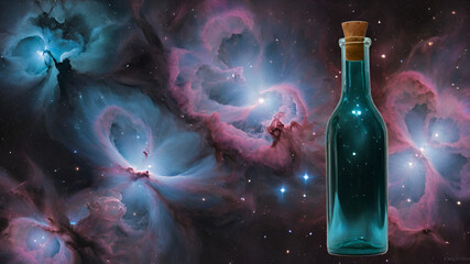 Bottle of magic potion glowing in darkness with mystery night starry sky on background
 - obrazy, fototapety, plakaty