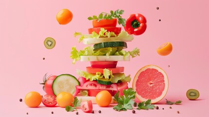 food icons based on stacks of Fresh Vegetable Salad, healthy vegetables in a deliciously colorful and refreshing salad, in the style of contemporary modernist-type photography 