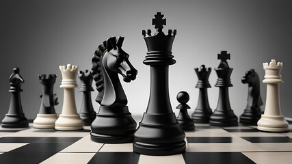 Business leadership teamwork power and confidence concept chess pawns with king shadow on the board
