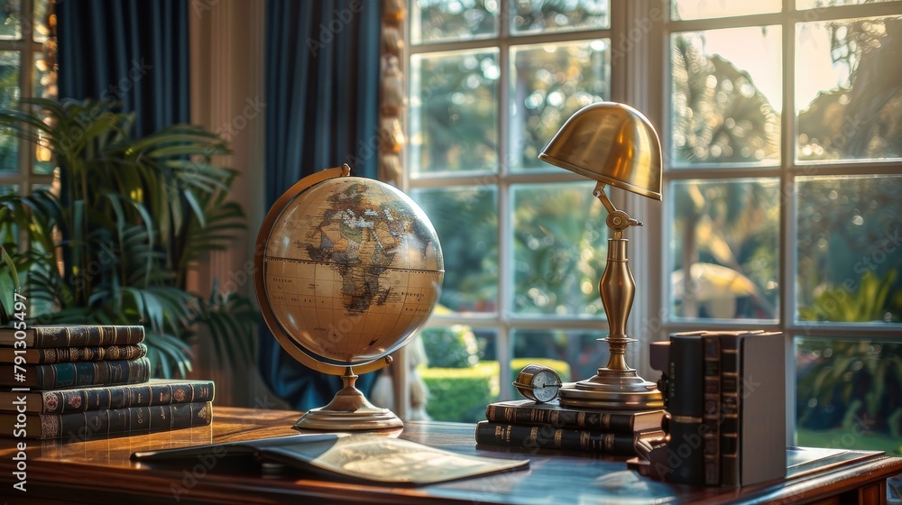 Poster A desk with a globe and a lamp on it