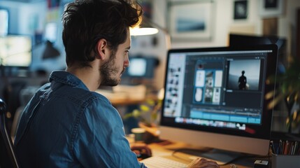 A focused male working intently on digital photo editing on his computer in a dimly lit room