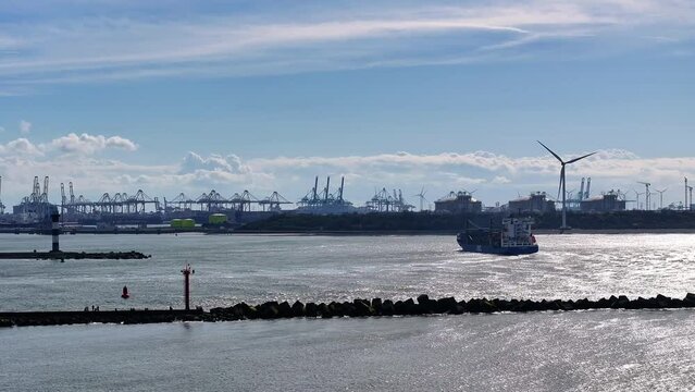 NCL Svelgen Navigating the Ship Canal at Hoek van Holland in the Netherlands - Aerial Drone Shot