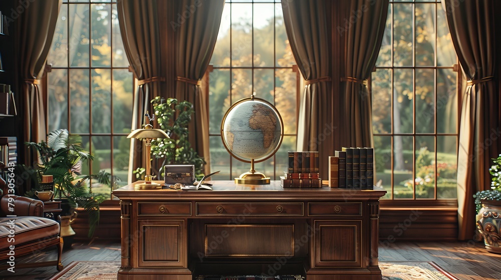 Poster a desk with a globe and a lamp on it