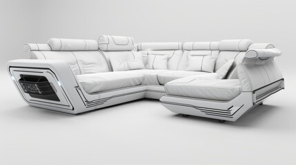 Fototapeta premium Futuristic corner sofa bed featuring cutting-edge design in white upholstery, equipped with modular storage, in a smart home environment, isolated background