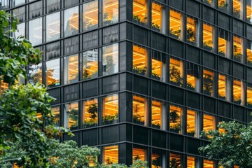 Modern office building windows lit in evening night early morning long working hours exhaustion overtime exterior urban architecture skyscraper lights tower financial sector banking hq headquarters