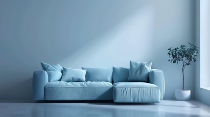 Minimalist and eco-conscious blue corner sofa, multi-functional for sleep or lounge, showcased against a stark, isolated background - obrazy, fototapety, plakaty