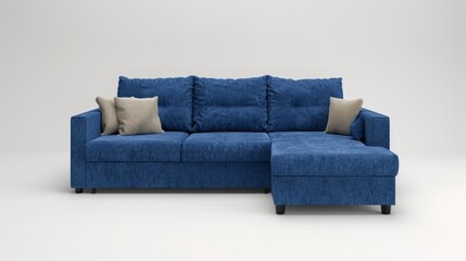 Minimalist and eco-conscious blue corner sofa, multi-functional for sleep or lounge, showcased against a stark, isolated background