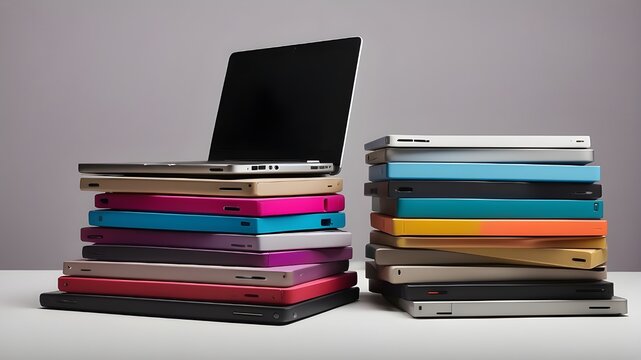  A stack of laptops in different colors, representing a range of personal styles and preferences 