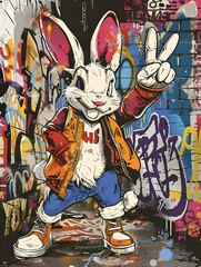 Colorful Cartoon Rabbit Character in Vibrant Urban Graffiti Street Art Scene