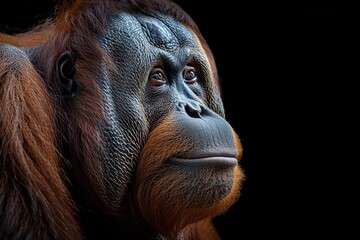 close-up of a sumatran orangutan on black background - obrazy, fototapety, plakaty