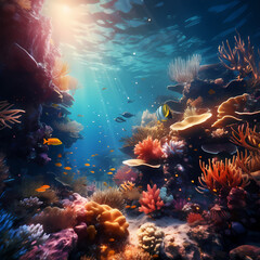 Underwater coral reef teeming with marine life. 