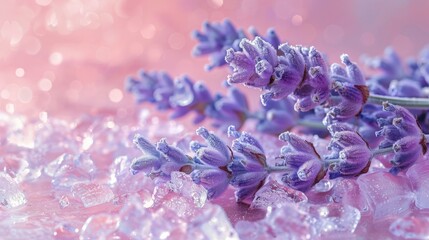 Lavender flowers on ice on a pink surface