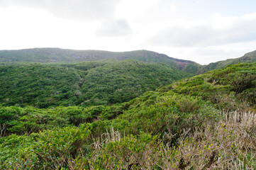Naklejka premium 標高854mの八丈島最高峰、八丈富士の登山トレッキング。 八丈富士の山頂は大きなカルデラになっている。 カルデラの縁をぐるりと一周する「お鉢めぐり」をすることができる。 太平洋とカルデラ内部の景色は雄大。 険しい崖の上を歩くので要注意。強風時は立ち入り禁止。航路の終点、太平洋の大きな孤島、八丈島。 東京都伊豆諸島。 2020年撮影。Trekking up the 854-meter-hi