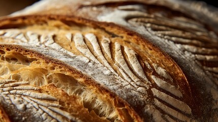 Close-up of a crusty sourdough loaf, showcasing the intricate patterns from the banneton and golden crust, on a linen cloth. - obrazy, fototapety, plakaty