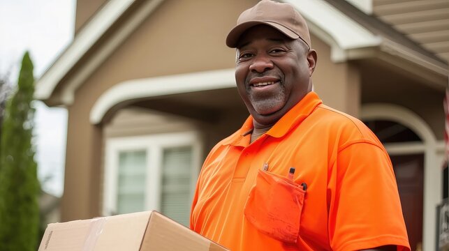 Delivery service. Middle aged African American man with a parcel next your door. A delivery hero, making your day a little brighter.