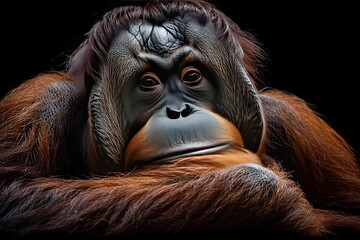 close-up of a sumatran orangutan on black background - obrazy, fototapety, plakaty