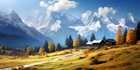 A mountain landscape with flowers and a cabin in the background
 - obrazy, fototapety, plakaty