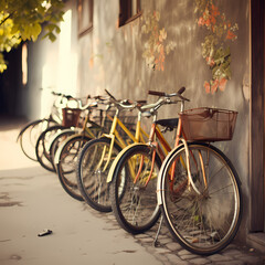 Fototapeta na wymiar Vintage bicycles lined up against a wall. 