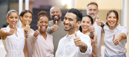 Happy portrait, business people and thumbs up with diversity for great, good job or well done in...