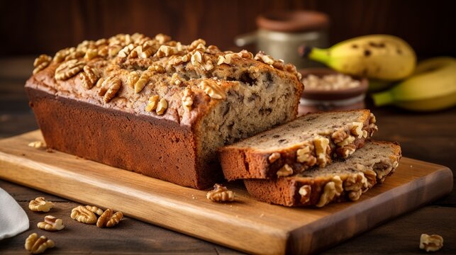 Freshly baked vegan banana bread, close-up, showcasing the moist crumb and walnut topping, on a reclaimed wood surface. 