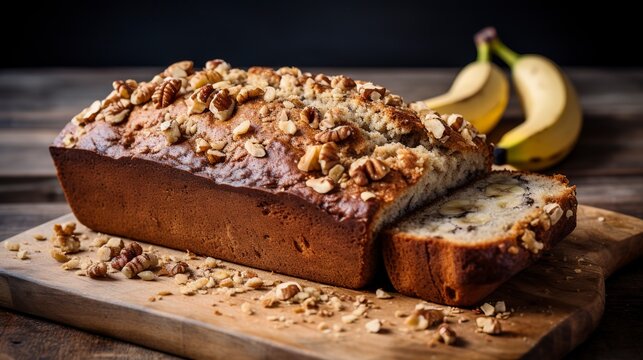 Freshly baked vegan banana bread, close-up, showcasing the moist crumb and walnut topping, on a reclaimed wood surface. 